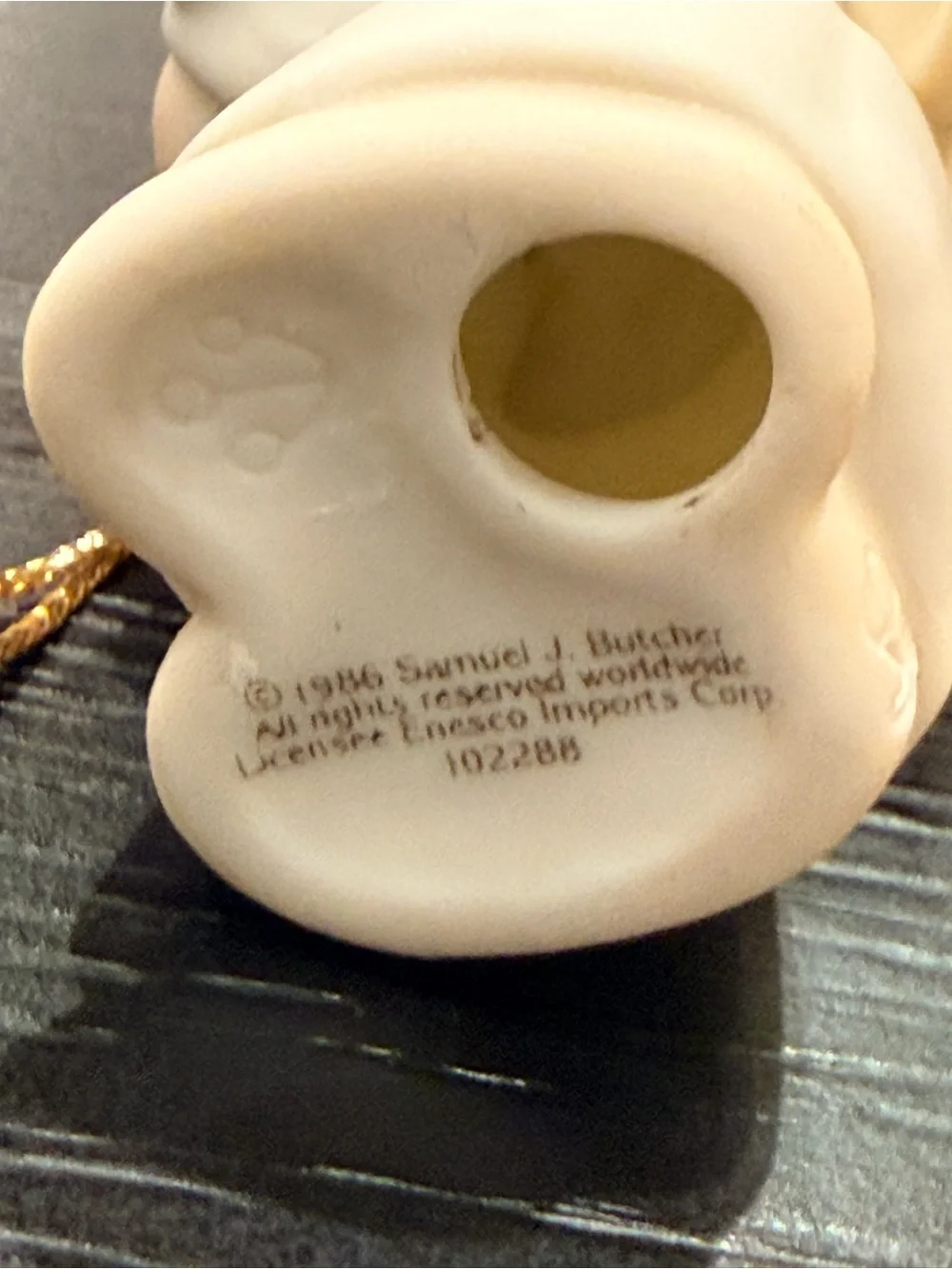 Vintage Precious Moments Angel Ornament in Cream and Gray with Gold Cord (1986)